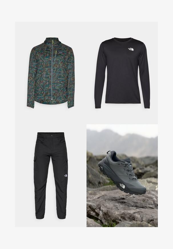 Patagonia HOUDINI - Vjetrovka - nouveau green; Crna majica s dugim rukavima za performanse, napravljena od laganog materijala, s bijelim logotipom na gornjoj lijevoj strani prsnog koša. Glatka tekstura.; The North Face HORIZON PANT - Hlače za otvoreno - black; Sive trail trkačka cipela s teksturiranim gornjim dijelom, izdržljivom gumenom potplatom i ojačanim vrhom. Ima vezice i logotip branda sa strane.