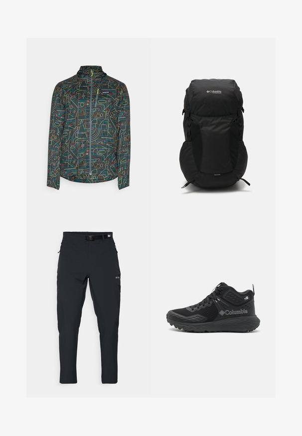Patagonia HOUDINI - Neperpučiamoji striukė - nouveau green; Šviesiai pilka ilgomis rankovėmis marškinėliai, pagaminti iš minkštos, tekstūruotos medžiagos. Yra apvalus kaklas ir mažas mėlynas "Patagonia" logotipas krūtinėje.; Columbia ESSENTIAL HIKE™ PANT - Lauko kelnės - black; Juodi žygio batai su akių viršumi, tekstūruotais akcentais, paminkštintu padu ir ryškiu logotipu. Turi saugų raištelių sistemą ir kilpą.; Juodas kuprinė su apvaliu viršumi, pagaminta iš patvarios medžiagos. Yra šoniniai tinkliniai kišeniai ir lietaus apsaugos etiketas apačioje.