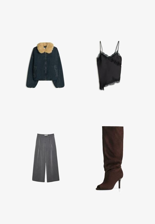 Denim jakna s bež umetnim krznom, z zadrgo spredaj, dvema stranskima žepoma in obsežnimi rokavi v temno modrem pranju.; Črna svilenka z nežnim črnim čipkastim robom ob ovratniku in asimetričnim robom; ima tanke nastavljive naramnice.; Nabrane hlače širokega kroja v temnosivi tkanini z diskretno teksturo. Opremljene so z gumbom za zapiranje in klasičnim oblikovanjem pasu.; Temno rjave zamskaste kolenske škornje z ohlapnim zgornjim delom, odprtim nosom in ozkim visokim petam, fotografirane na beli podlagi.