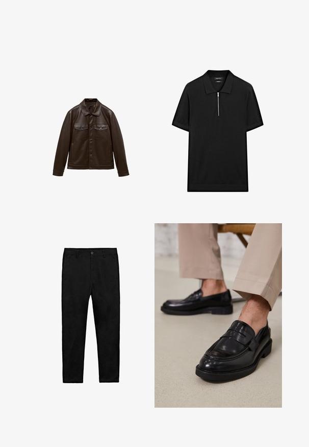 Brun läderjacka med krage, framknäppning, två bröstfickor och sidofickor. Slät textur och strukturerad design.; Svart kortärmad pikétröja med ståkrage och frontdragkedja. Tillverkad av ett mjukt tyg med en ren, minimalistisk design.; Svarta raka byxor med knäppning, bältesömmar och sidofickor, liggande platt på en vit bakgrund.; Svarta läder loafers med en slät finish, prydda med en dekorativ rem och kontrastsöm, tillsammans med beiga byxor.
