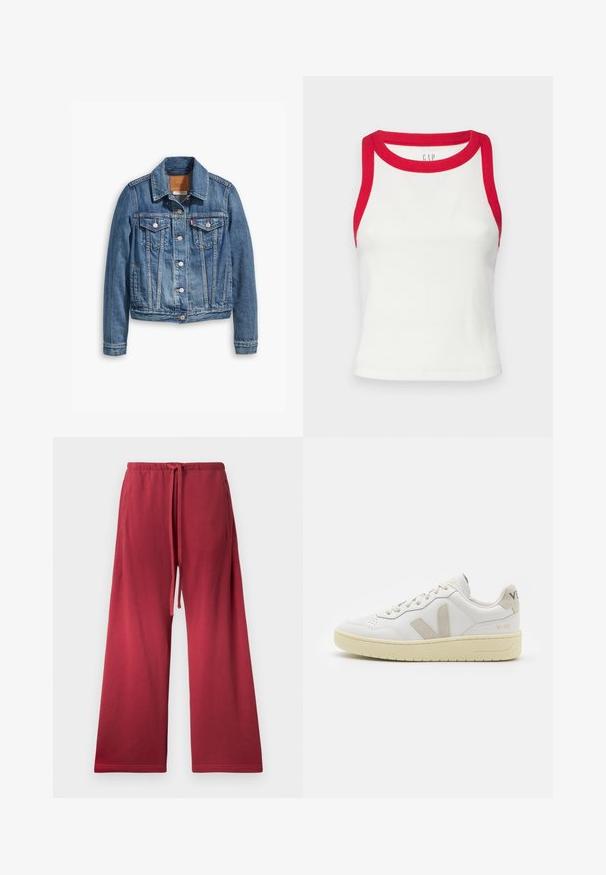 Hellblaues Denim-Jacket im klassischen Design, mit Kragen, zwei Brusttaschen und silbernen Knopfverschlüssen.; Weißes, geripptes Tanktop mit rotem Saum an Hals und Armöffnungen. Das Design ist enganliegend und hat einen geraden Saum. Strukturierter Stoff. Markenzeichen sichtbar.; Rote weit geschnittene Hose aus weichem Stoff, mit einem elastischen Bund und Tunnelzug sowie seitlichen Taschen für zusätzlichen Komfort.; Weiße Ledersneaker mit beigen Wildlederakzenten, perforierte Zehenbox, flache Schnürsenkel und eine strukturierte cremefarbene Sohle. Mit dezentem Branding an der Ferse.
