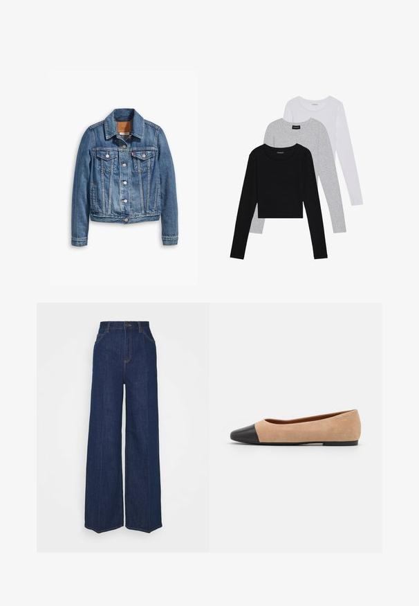 Hellblaues Denim-Jacket im klassischen Design, mit Kragen, zwei Brusttaschen und silbernen Knopfverschlüssen.; Drei langärmelige Oberteile gestapelt: schwarz, grau und weiß. Jedes hat einen runden Halsausschnitt und ein kurzes Design aus glattem, leichtem Stoff.; Hochtaillierte, weit geschnittene, dunkelblaue Jeans aus Denim mit Front- und Gesäßtaschen, Knopfverschluss und sichtbaren Nähdetails.; Beige Wildleder Ballerina mit einer runden Zehenkappe aus schwarzem Leder, niedrigem Absatz und glatter Textur, mit minimaler Nahtverarbeitung und klarem Design.