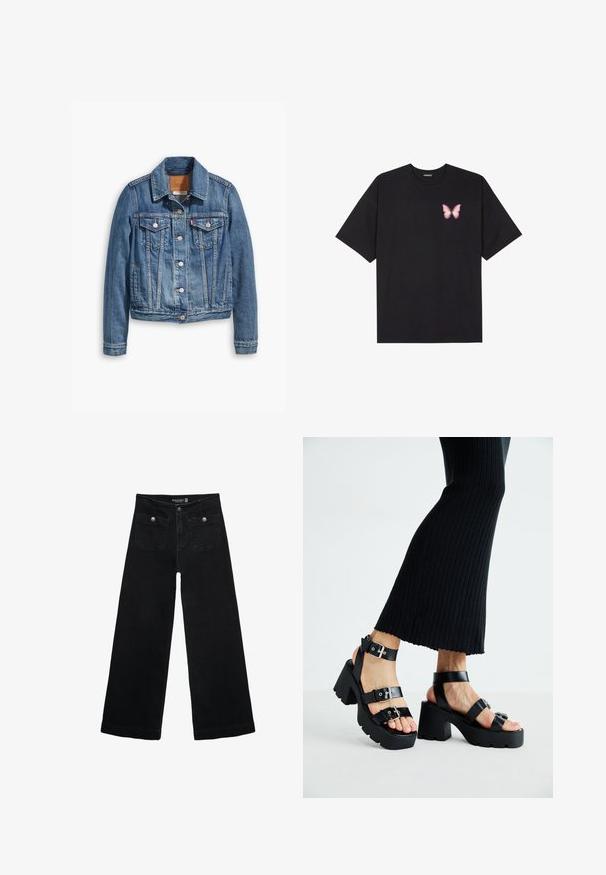Lyseblå denimjakke med et klassisk design, der har krave, to brystlommer og sølvfarvede knaplukninger.; Sort bomulds T-shirt med korte ærmer, prydet med en lille pink sommerfugl grafik på venstre bryst. Rund hals design med en afslappet pasform.; Sorte vidde jeans med høj talje, der har to forlommer og metalknapdetaljer. Stoffet har en glat tekstur.; Sorte platfromsandaler med kraftige, skridsikre såler og flere stropper, der har metalspænder og en glat læderlignende tekstur.