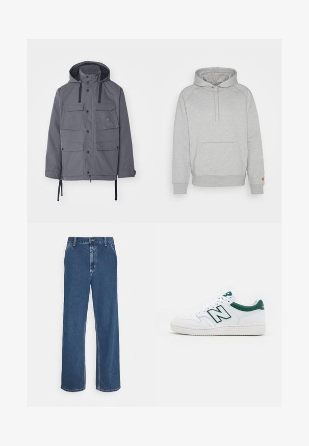 Hallimine hall veekindel jakk, millel on kapuuts, neli esimest taskut, nööbid ja reguleeritavad nöörid talje ja varrukaotsade juures. Tekstureeritud kangas.; Hallgray kapuutsiga spordijakk, millel on känguru tasku, soonikkoesäärised ja -äär, vasakul varrukal logotempel. Pehme kangast tekstuur.; Sinine teksapüksid sirge lõike, viie tasku disaini, metallnõela sulgemise ja nähtava nõelumisega õmbluste ja servade ääres.; Valged spordijalatsid roheliste aktsentidega, nahast ülemine osa, aukudega varvas, paelaga sulgemine ja tekstuuriga kummist välistald. Silmapaistev "N" logo.