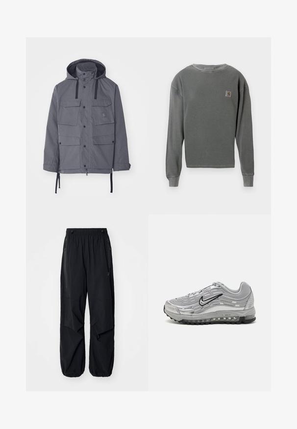 Gray waterproof jacket featuring a hood, four front pockets, snap buttons, and adjustable drawstrings at the waist and cuffs. Textured fabric.; Gray long-sleeve crewneck sweatshirt with ribbed texture, featuring a small square logo patch on the left chest and ribbed cuffs.; Black lightweight cargo pants with an elastic waistband, side zippers, and spacious pockets. Features a loose fit and tapered cuffs.; Gray Nike Air Max sneakers featuring a mesh and synthetic upper, wave-like design, black accents, and a visible air cushioning unit.