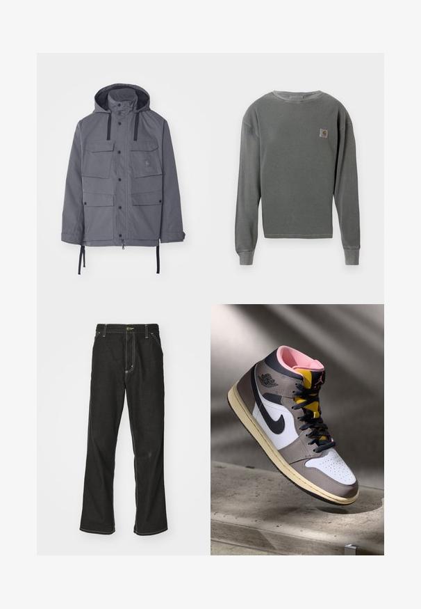 Gray waterproof jacket featuring a hood, four front pockets, snap buttons, and adjustable drawstrings at the waist and cuffs. Textured fabric.; Gray long-sleeve crewneck sweatshirt with ribbed texture, featuring a small square logo patch on the left chest and ribbed cuffs.; Black denim jeans with a loose fit, featuring contrasting white stitching, a button closure, and a straight leg design.; High-top Nike Air Jordan sneaker in white, grey, and black with pink interior and yellow tongue, positioned on a concrete surface.