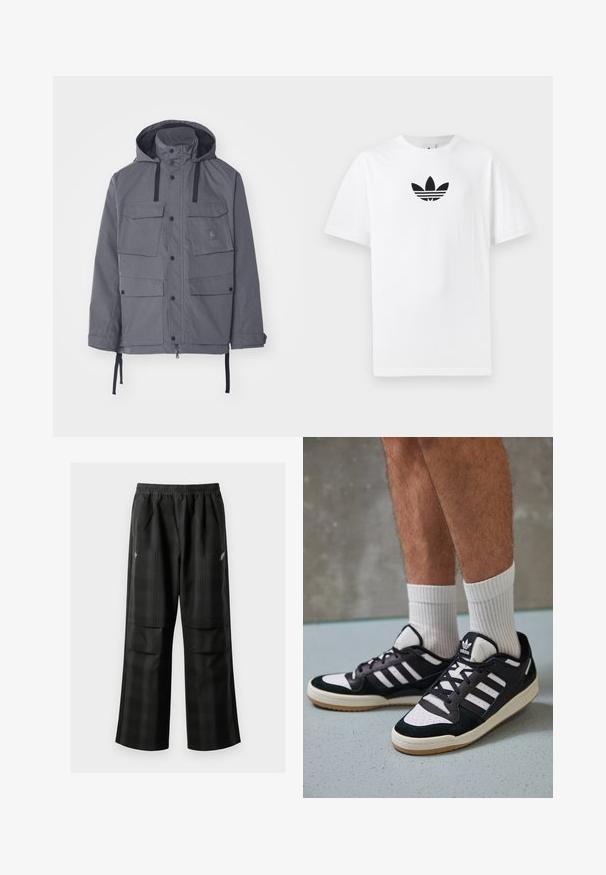 Šedá nepremokavá bunda s kapucňou, štyrmi prednými vreckami, patentkami a nastaviteľnými šnúrkami v páse a na manžetách. Textúrovaná tkanina.; Biely bavlnený tričko s čiernym logom Adidas v strede. Krátke rukávy a okrúhly výstrih. Hladká textúra.; Čierne kockované nohavice s elastickým pásom, dvoma prednými vreckami a voľným strihom so rovnými nohavicami. Vyrobené z ľahkého materiálu.; Čierno-biele tenisky s vrchom z semišu a kože, s troma bielymi pruhmi, perforovanou špičkou a gumovou podrážkou.
