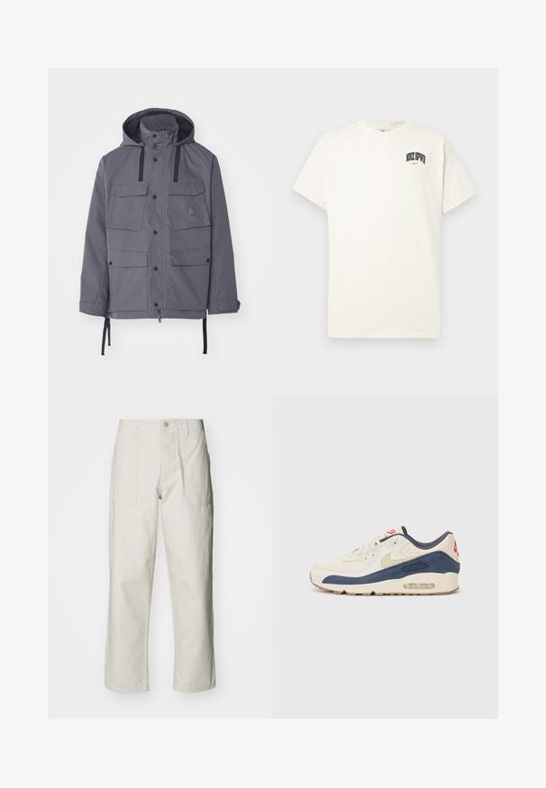 Grijze waterproof jas met een capuchon, vier voorzakken, drukknoopsluitingen en verstelbare trekkoorden bij de taille en mouwen. Textuurstof.; Crème-kleurige katoenen T-shirt met korte mouwen, voorzien van "NIKE SB" in zwarte en rode tekst op de borst. Standaard ronde halslijn.; Lichtbeige wijde broek van katoen. Voorzien van steekzakken en een knoopsluiting. Glad textuur met subtiele verticale lijnen.; Sneakers met een crème leren en marineblauwe suède bovenkant, voorzien van een zichtbare luchtzool, beige rubberen buitenzool en een rode accent op de hiel.