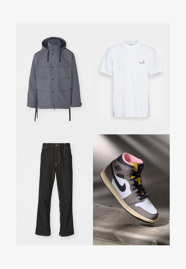 Šedá voděodolná bunda s kapucí, čtyřmi předními kapsami, patentními knoflíky a nastavitelnými šňůrkami v pase a na manžetách. Texturovaná tkanina.; Bílé bavlněné tričko s krátkým rukávem. Navrženo s malým oranžovým a vínovým logem na levé části hrudi. Obsahuje klasický kulatý výstřih.; Černé denimové džíny s volným střihem, s kontrastním bílým prošíváním, zapínáním na knoflík a rovnými nohavicemi.; Bílé, šedé a černé vysoké tenisky Nike Air Jordan s růžovým interiérem a žlutým jazykem, umístěné na betonovém povrchu.
