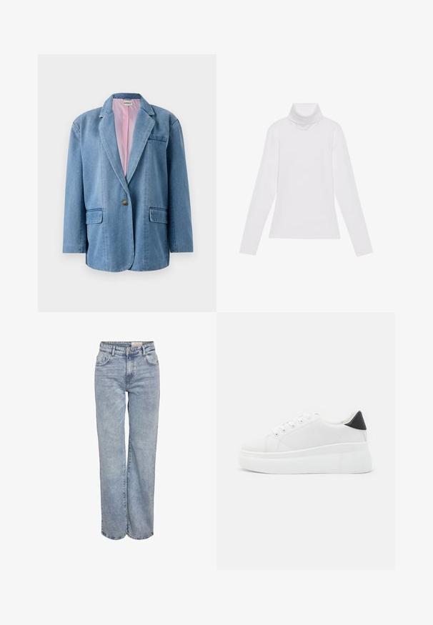 Blazer de ganga azul claro com um corte solto, fecho de botão único, dois bolsos frontais e um forro rosa. Colarinho e lapelas padrão.; Camisola de gola alta de mangas longas, feita de um tecido liso e elástico. Apresenta um colarinho alto e um design ajustado, sem padrões ou adornos visíveis.; Jeans de perna larga em azul-claro, feitos de denim, com cintura alta, design de cinco bolsos e um desvanecimento sutil para um aspeto usado.; Tênis plataforma brancos feitos de material sintético suave, apresentando ponta arredondada, design com cadarços e sola de borracha texturizada. Acento preto no calcanhar.