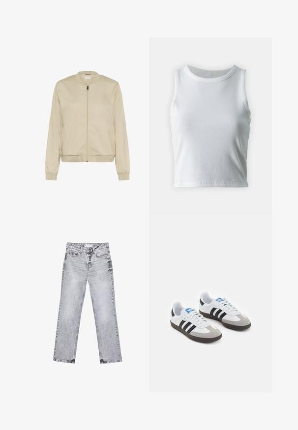 Veste bombardier beige avec une fermeture éclair à l'avant, un col et des poignets côtelés, et des poches latérales. Tissu lisse avec une finition mate.; Débardeur blanc côtelé avec un décolleté rond et sans manches, présentant un ourlet droit et une texture lisse et extensible.; Jean en denim gris avec une coupe droite, des détails déchirés, cinq poches et des rivets en cuivre. La ceinture présente une étiquette de logo.; Baskets avec une tige en cuir blanc, un bout en daim gris et trois bandes noires. Présente un logo bleu sur la languette et une semelle en caoutchouc texturée.