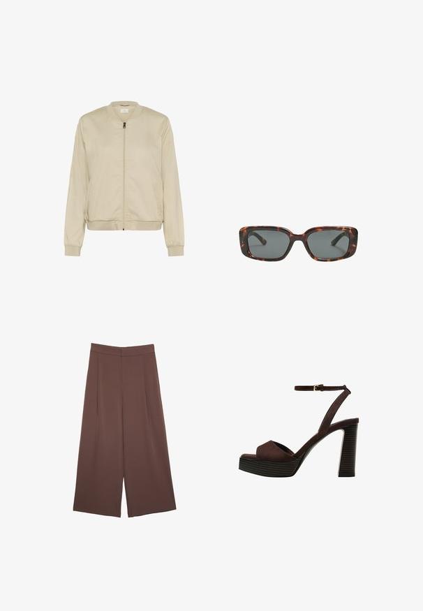 Beige Bomberjacke mit einem Frontreißverschluss, geripptem Kragen und Bündchen sowie seitlichen Taschen. Glattes Material mit matter Oberfläche.; Braunes, kurzärmliges T-Shirt aus weichem Material mit rundem Halsausschnitt und lockerer Passform. Keine sichtbaren Muster oder Akzente.; Braune Weite-Leg-Hosen mit einer glatten Textur, hoher Taille und Vorderfalten. Der Stoff ist leicht und fällt locker.; Braune Wildleder-Pumps mit offenem Zeh, verstellbarem Knöchelriemen und gestreiftem Plateausohlen.; Sonnenbrille im Schildpatt-Design mit rechteckigen Gläsern, dicken Rahmen und dunkelgetönten Gläsern. Glatte Textur und minimalistisches Design.