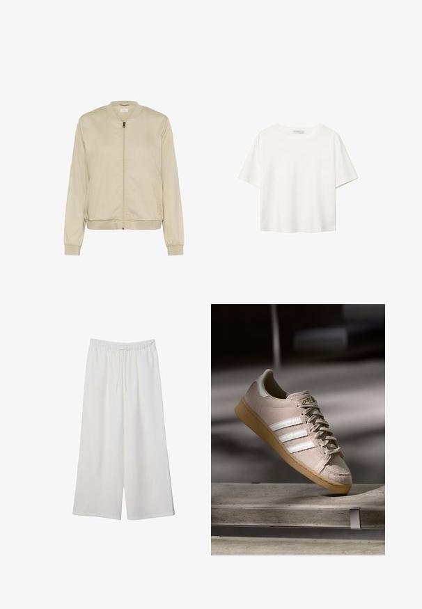 Veste bombardier beige avec une fermeture éclair à l'avant, un col et des poignets côtelés, et des poches latérales. Tissu lisse avec une finition mate.; T-shirt blanc à manches courtes en coton. Doté d'un col ras du cou et d'une coupe décontractée. Texture lisse sans motifs ni accents visibles.; Pantalons larges blancs en tissu léger, avec une taille élastique et un cordon de serrage pour un ajustement réglable. Texture lisse.; Baskets en suède beige clair avec des rayures blanches, semelle en caoutchouc gum, bout rond et lacets plats. Présente des accents cousus et un logo doré.