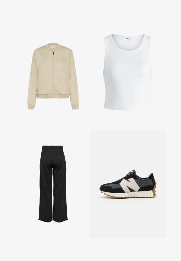 Giacca bomber beige con zip frontale, colletto e polsini a coste, e tasche laterali. Tessuto liscio con finitura opaca.; Canottiera bianca a coste con scollatura rotonda, senza maniche e lunghezza cropped. Etichetta con la scritta "JJXX". Tessuto di texture liscia.; Pantaloni neri a gamba larga con cintura elastica, realizzati in tessuto liscio. Presentano un design pulito senza tasche o dettagli di cucitura visibili.; Sneaker in suede nero e grigio con un grande logo "N" color crema, lacci viola e una suola esterna in gomma gommosa texturizzata.