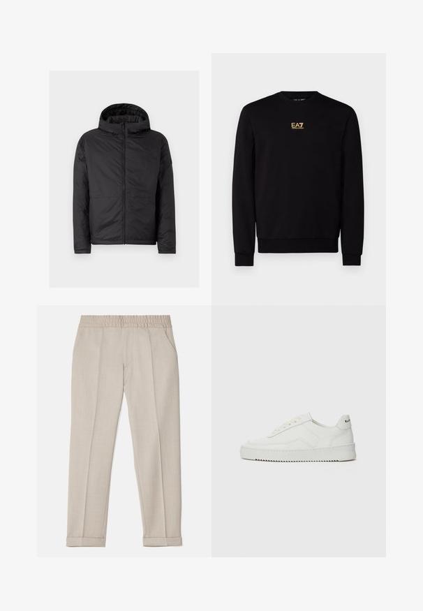 Jachetă neagră cu glugă, cu o textură matlasată, fermoar frontal și două buzunare inferioare. Prezintă un finisaj neted și un design simplu, modern.; Sweatshirt negru din bumbac, cu guler rotund, manșete și talie ribotată. Prezintă un logo „EA7” de culoare aurie pe piept.; Filippa K TERRY CROPPED TROUSERS - Pantaloni - sage melange; Sneakers din piele albă cu un finisaj neted, vârf rotund, șireturi plate și o talpă texturată. Prezintă un logo subtil pe călcâi.