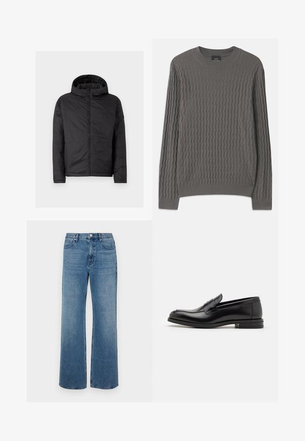 Black hooded jacket with a quilted texture, front zipper, and two lower pockets. Features a smooth finish and a simple, modern design.; Armani Exchange Jumper - dark gull zig zag; Wide-leg blue jeans made of denim with a faded finish. Features five pockets, a front button closure, and a straight cut.; Black leather loafers with a smooth texture, rounded toe, and a decorative strap across the vamp. Low stacked heel, minimalist design.
