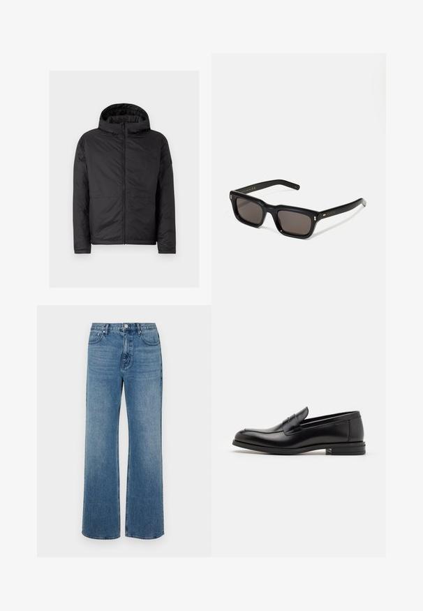 Μαύρο μπουφάν με κουκούλα και τυπωτή υφή, μπροστινό φερμουάρ και δύο κάτω τσέπες. Διαθέτει απλή, μοντέρνα σχεδίαση και λεια υφή.; Armani Exchange Πουλόβερ - dark gull zig zag; Φαρδιές μπλε τζιν φτιαγμένες από denim με ξεθωριασμένο φινίρισμα. Διαθέτει πέντε τσέπες, μπροστινό κλείσιμο με κουμπί και ευθύ κόψιμο.; Μαύρες δερμάτινες μπαλαρίνες με λεία υφή, στρογγυλή μύτη και διακοσμητική ταινία πάνω από το επάνω μέρος. Χαμηλός καπιτώνας, μινιμαλιστικός σχεδιασμός.; Μαύρα ορθογώνια γυαλιά ηλίου με σκούρους φακούς, χοντρό πλαστικό σκελετό, χρυσές λεπτομέρειες στους ναούς και λογότυπο μάρκας σκαλισμένο στο βραχίονα.