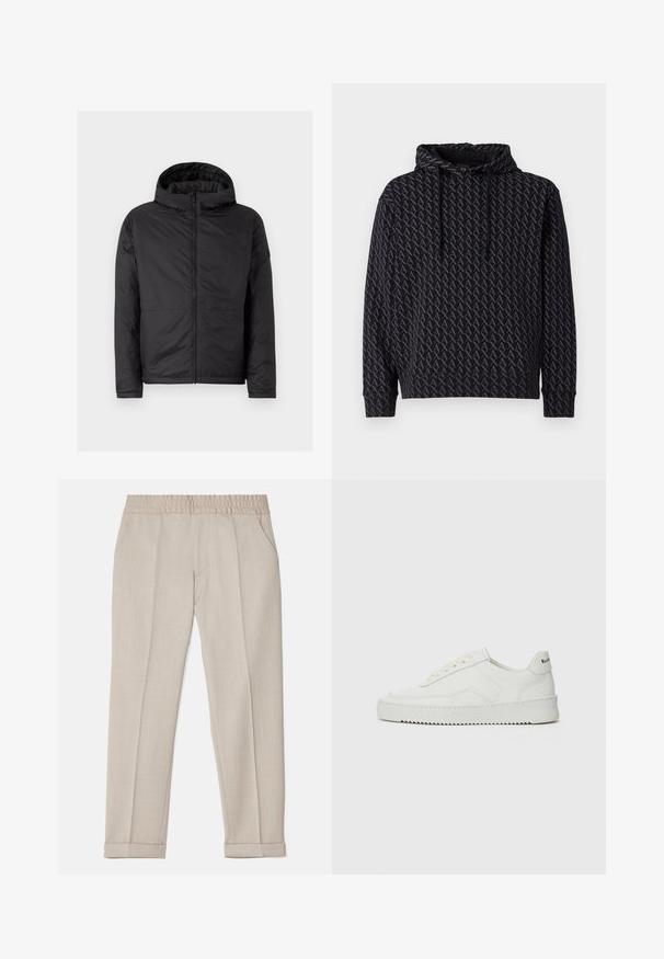 Schwarze Kapuzenjacke mit gestepptem Material, Reißverschluss vorne und zwei unteren Taschen. Sie zeichnet sich durch eine glatte Oberfläche und ein einfaches, modernes Design aus.; Schwarzer Kapuzenpullover mit einem sich wiederholenden grauen Logo-Muster, mit Kordelzug-Kapuze und gerippten Bündchen und Saum.; Filippa K TERRY CROPPED TROUSERS - Stoffhose - sage melange; Weiße Ledersneaker mit glatter Oberfläche, runder Zehenpartie, flachen Schnürsenkeln und strukturiertem Sohlenprofil. Mit einem dezenten Logo an der Ferse.