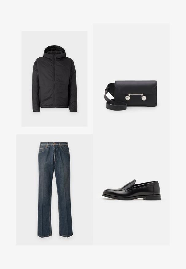 Fekete kapucnis dzseki steppelt textúrával, elülső cipzárral és két alsó zsebbel. Simára kidolgozott felülettel és egyszerű, modern kialakítással rendelkezik.; Krém színű kötött pulóver, póló gallérral, bordás mandzsettákkal és szegéllyel, elülső gomboló pánttal és puha tapintással.; Tengerészkék, rövid ujjú póló, fehér "neanche per sogno" felirattal, középen a mellkason, kerek nyakkal, közepes méretben.; Sötétkék egyenes szárú farmernadrág elülső gombbal, cipzáros behúzással, dupla elülső zsebekkel és lábszárakon látható függőleges ráncokkal.; Fekete bőr loaferek sima textúrával, kerek orral és dekoratív pánttal a vampnál. Alacsony, rétegelt sarkú, minimalista dizájn.; Fekete bőr keresztpántos táska hajtókával, ezüst színű kiegészítőkkel és két kerek díszítéssel. Levehető pánttal rendelkezik. Simább textúrájú.