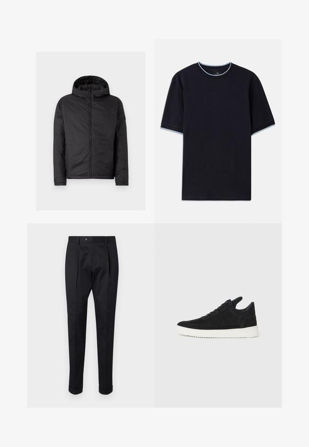 Black hooded jacket with a quilted texture, front zipper, and two lower pockets. Features a smooth finish and a simple, modern design.; Dark blue short-sleeve t-shirt with a round neckline, featuring light blue accent at the collar and sleeves. Made of soft cotton fabric.; Black trousers made of a smooth fabric, featuring a fold at the front, a button closure, and rolled cuffs at the ankle.; Black suede sneaker with a white rubber sole, featuring tonal stitching and lace-up design. Smooth texture with a modern, streamlined shape.