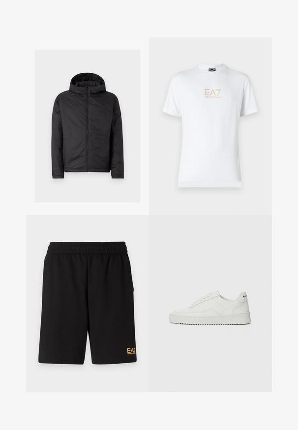 Giacca nera con cappuccio, dal tessuto trapuntato, con cerniera frontale e due tasche inferiori. Presenta una finitura liscia e un design semplice e moderno.; T-shirt bianco in cotone con scollatura rotonda e maniche corte, con il logo oro EA7 Emporio Armani stampato sul fronte.; Pantaloni sportivi neri realizzati in tessuto morbido, con vita elastica e un piccolo logo EA7 giallo sulla parte bassa della gamba sinistra.; Sneaker in pelle bianca con una finitura liscia, punta rotonda, lacci piatti e suola testurizzata. Presenta un logo discreto sul tallone.