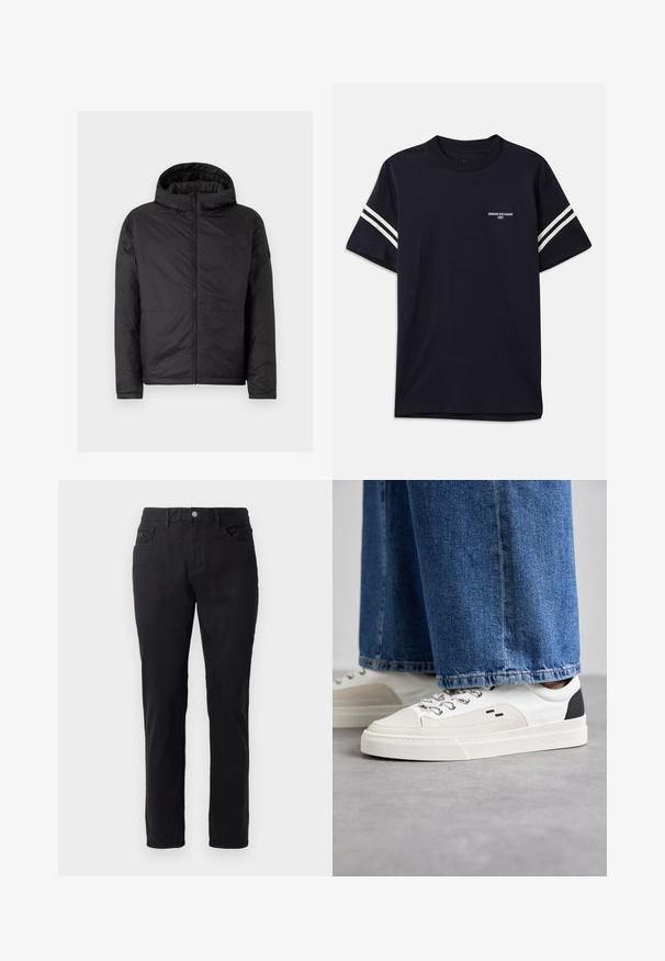 Must mustaga, millel on tikandpind, ees tõmblukk ja kaks madalat taskut. Omab sujuvat viimistlust ja lihtsat, moodsa disainiga välimust.; Tumed sinine puuvillane T-särk, millel on ümar kaelus, lühikesed varrukad ja valged triibud õlgadel, ning trükitud logo rinnal.; Mustadest puuvillast pükstest sirge jala disainiga, varustatud nööbiga sulgemisega, kahe esikotiga ja sileda tekstuuriga.; Valged ja mustad spordijalatsid sileda nahkpealise, tekstuursete aktsentidega ja paksu valge tallaga. Omab klassikalist nööbistamise disaini.