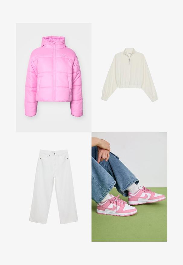 Nike Sportswear Zimní bunda - beyond pink/white; Zkrácený svetr z krémové látky, který má vysoký límec, poloviční zip, elastický spodní lem a manžety, hladkou texturu a minimalistický design.; Bílé široké džíny z denimu s vysokým pasem, které mají pět kapes a kovové ozdoby. Hladký povrch, bez viditelných vzorů.; Růžové a bílé tenisky Nike vyrobené z kůže a síťoviny, s kontrastními designy, kulatou špičkou a odpovídajícími růžovými tkaničkami a akcenty.