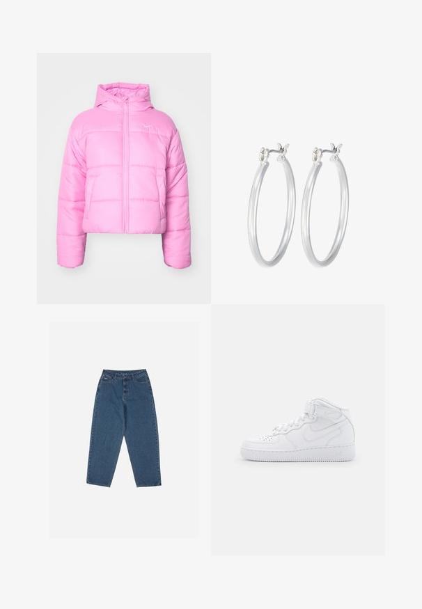 Nike Sportswear Žieminė striukė - beyond pink/white; Šviesiai rožinė trumpa marškinė, pagaminta iš minkštos medžiagos. Turi apvalų kaklą ir trumpas rankoves, su mažu baltu Nike logotipu ant krūtinės.; Mėlyni džinsai su laisvu siluetu, aukštu juosmeniu, penkių kišenių dizainu ir siuvinio akcentais. Su mygtuku ir užtrauktuku.; Baltos aukštos sportinės bateliai pagaminti iš odos, su pagalvotu apvadu, perforuotu pirštu, raiščiais ir reguliuojama kulkšnies juosta; logotipas šone.; Sidabriniai auskarai su sklandžiu, poliruotu paviršiumi. Apvalios formos ir saugus uždarymo mechanizmas. Lengvas dizainas, tinkantis kasdieniam dėvėjimui.
