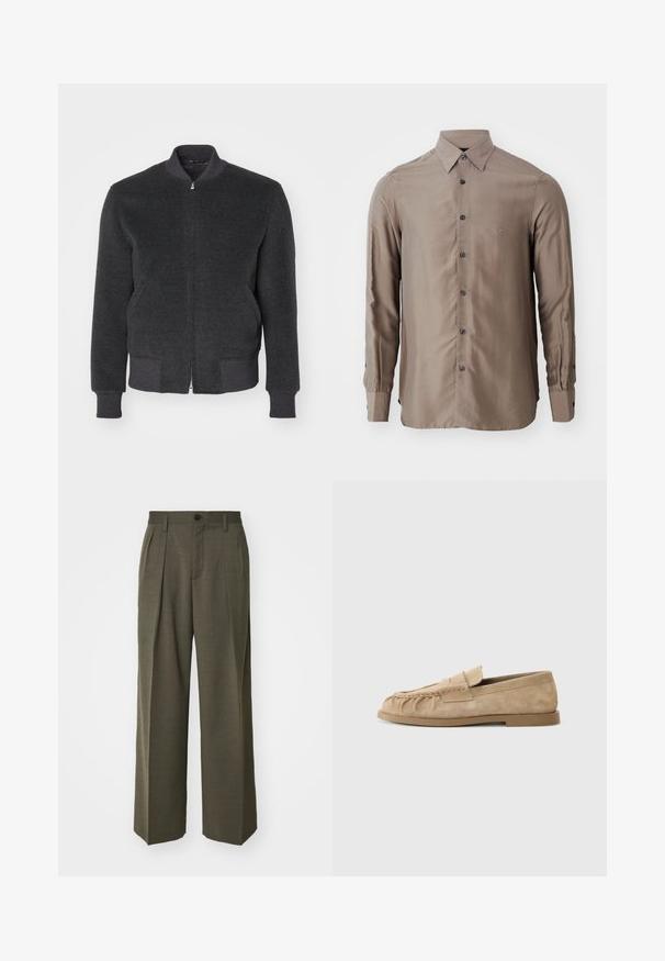 Ciemnoszary bomber z mieszanki wełny z zapięciem na zamek, prążkowanym kołnierzem, mankietami i dołem. Charakteryzuje się gładką teksturą i smukłym designem.; Koszula z długim rękawem w kolorze taupe, wykonana z gładkiego materiału, z zapięciem na guziki z ciemnymi guzikami oraz małym logo na klatce piersiowej.; Filippa K - Spodnie materiałowe; Beżowe zamszowe mokasyny wsuwane z marszczonym wzorem, z płaską podeszwą i ozdobnym paskiem na wierzchu. Gładka faktura.