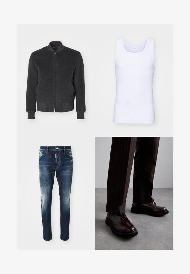 Tummanharmaa villasekoitekangasta oleva bomber-takki, jossa on vetoketjulukko, resorit kauluksessa, hihansuissa ja helmasssa. Takissa on sileä pinta ja virtaviivainen muotoilu.; Valkoinen puuvillainen hihaton toppi, jossa on pyöreä pääntie. Topissa on sileä pinta ja se on muotoiltu istuvaksi, suunniteltu rentoon käyttöön.; Tummansinisiä farkkuja, joissa on kapea malli. Farkuissa on vaalennettuja kohtia reisdissä ja polvissa, viisi taskua sekä metallinen napitus.; Ruske nahkasaapad, joissa on kiiltävä pinta, musta kumipohja ja hienovarainen ompelu. Yhdistetty raitapolkkaisiin ruskeisiin housuihin.