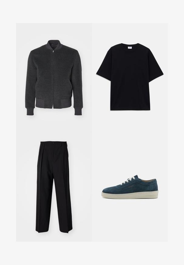 Tumši pelēks vilnas un sintētiskā auduma bomberis ar rāvējslēdzēju priekšpusē, ar ribotiem apkakli, aprocēm un apakšmalu. Tam ir gluda tekstūra un plūstošs dizains.; Melns īsām piedurknēm oversize T-krekls ar apaļu kakla izgriezumu un redzamu Filippa K zīmola birku iekškaklā.; Melnas plisētās bikses ar taisnu, plata kāja dizainu. Izgatavotas no gludas auduma, ar pogu aizdari un jostas cilpiņām.; Zilas zamšādas apavi ar noapaļotu purngalu, baltiem šņorēm un gumijas zoli. Iekļauj diskrētu šuvumu un zīmola akcentu sānos.