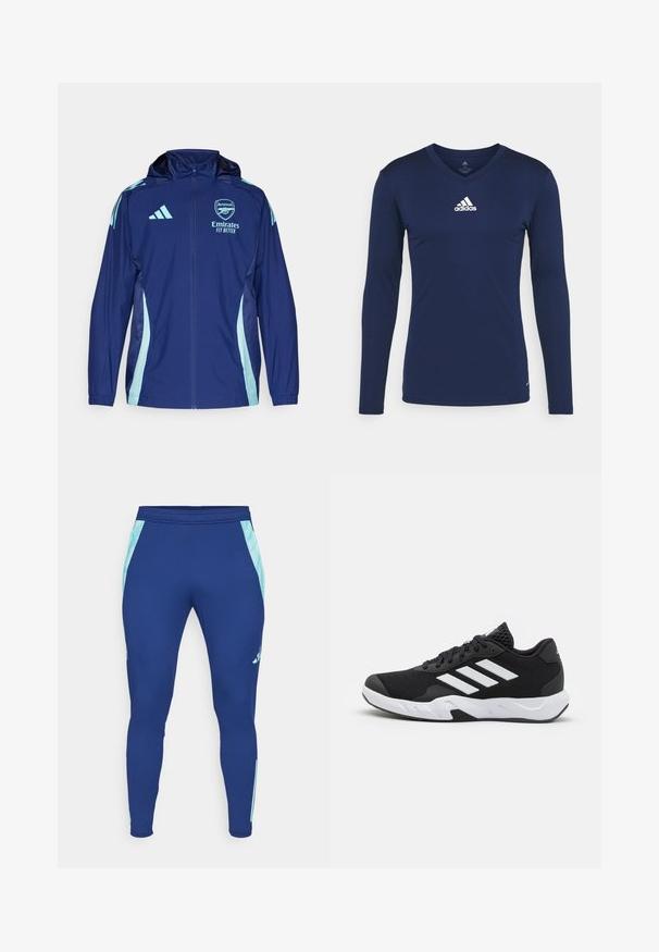 Giacca windbreaker navy con accenti azzurri, zip completa, cappuccio e logo Adidas. Presenta il branding dell'Arsenal sul petto. Materiale leggero.; Maglietta sportiva a maniche lunghe blu navy realizzata in tessuto texturizzato, con scollatura a V e logo Adidas bianco sul petto. Design semplice, forma aderente.; Leggings sportivi blu navy realizzati in materiale elastico, con pannelli laterali azzurri e un design aderente con un fondo stretto alla caviglia.; Scarpe da ginnastica nere con una tomaia in mesh texturizzata, strisce bianche di accento, suola imbottita e tallone rinforzato per supporto.