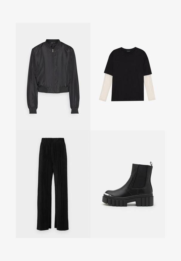 ONLY ONLALMA - Bomberjacks - black; Zwarte T-shirt van katoen, met korte mouwen over een witte lange mouw laag met een subtiel textuurpatroon. Ronde hals ontwerp.; Zwarte geplooide broek met een elastische tailleband. Beschikt over wijde pijpen en een glad, gestructureerd stof met verticale strepen.; Zwarte enkellaarsjes van soepel leer met elastische panels, een dikke plateauzool en een metalen neuskap.