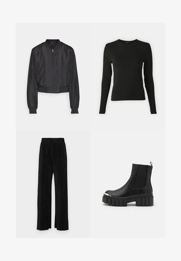 ONLY ONLALMA - Bomber stiliaus striukė - black; Juodas ilgomis rankovėmis marškinys, pagamintas iš lygaus audinio, su apvaliu iškirpimu ir prigludusia forma, be matomų raštų ar akcentų.; Juodi plisuoti kelnės su elastine juosta. Turėkite plačias kojas ir glotnų, tekstūrinį audinį su vertikaliais dryžiais.; Juodos kulkšninės batai iš lygaus odos su elastingomis juostelėmis, storu platformos padu ir metaliniu pirštų dangteliu.