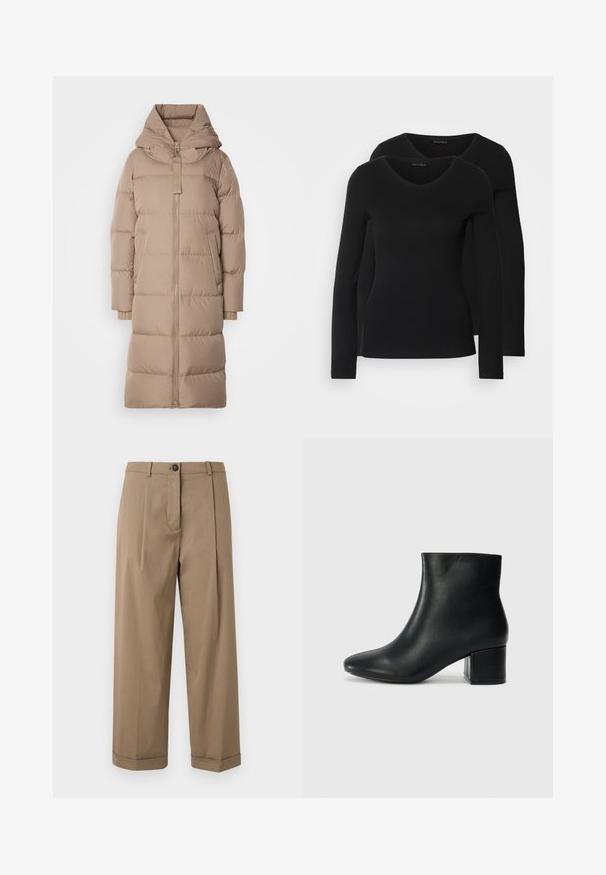 Marc O'Polo PUFFER COAT WITH HOOD SIDE SLITS WITH ZIPPER WELT POCKETS BACKPACK BELTS - Dūnu mētelis - soft mocca; Divi melni krekli ar garām piedurknēm un V-veida kakla izgriezumu, izgatavoti no mīksta, elastīga auduma, ar gludu tekstūru un pieguļošu formas.; Brūni, plati bikses ar plakanu priekšpusi un izgriezumiem, pogu aizdari un paceltām sukām, izgatavotas no gludas auduma.; Melna ādas potīšu zābaki ar smailu purngalu un masīlu papēdi. Gluda tekstūra ar minimāliem akcentiem un gludu, pieguļošu dizainu.
