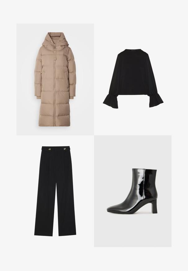 Marc O'Polo PUFFER COAT WITH HOOD SIDE SLITS WITH ZIPPER WELT POCKETS BACKPACK BELTS - Donsjas - soft mocca; Zwarte langemouwen top met uitlopende manchetten, een zachte textuur en een relaxed fit, met een eenvoudige ronde halslijn.; Zwarte wijde broek met hoge taille, knoopdetails op de tailleband en plooien aan de voorkant.; Zwarte gepolijste leren enkellaars met een spitse neus en een blokhak van gemiddelde hoogte. Glad textuur en minimalistisch ontwerp.