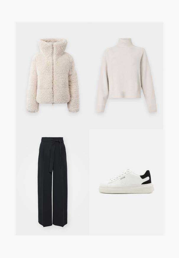 Cremefarvet faux fur-jakke med høj krave, lynlåslukning og struktureret, fluffy overflade. Har lange ærmer og et cropped silhuet.; Lys beige turtleneck sweater lavet af blødt stof. Har en afslappet pasform, ribbet kant og manchetter samt lange ærmer. Minimalistisk design.; Vide sorte bukser lavet af blød stof. Har en bælteholdbar talje og frontfolder. Glat tekstur med et rent, moderne design.; Hvide lædersneakers med en tyk hvid sål, sort ruskindhælvægt og prægede logoer på siden. Snørebåndsdesign med seks øjer.