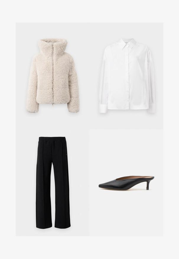 Veste en fausse fourrure couleur crème avec un col montant, une fermeture éclair et une surface texturée et duveteuse. Comprend de longues manches et une silhouette cropped.; Chemise blanche à manches longues, en mélange de coton lisse. Présente un col classique, une fermeture à boutons sur le devant et des poignets arrondis.; Pantalons noirs à jambe droite avec taille élastique et un motif texturé subtil sur l'ensemble du tissu sur un fond blanc.; Mules en cuir noir avec un bout pointu et un petit talon carré. Texture lisse avec un design épuré. Dos ouvert avec un minimum de détails.