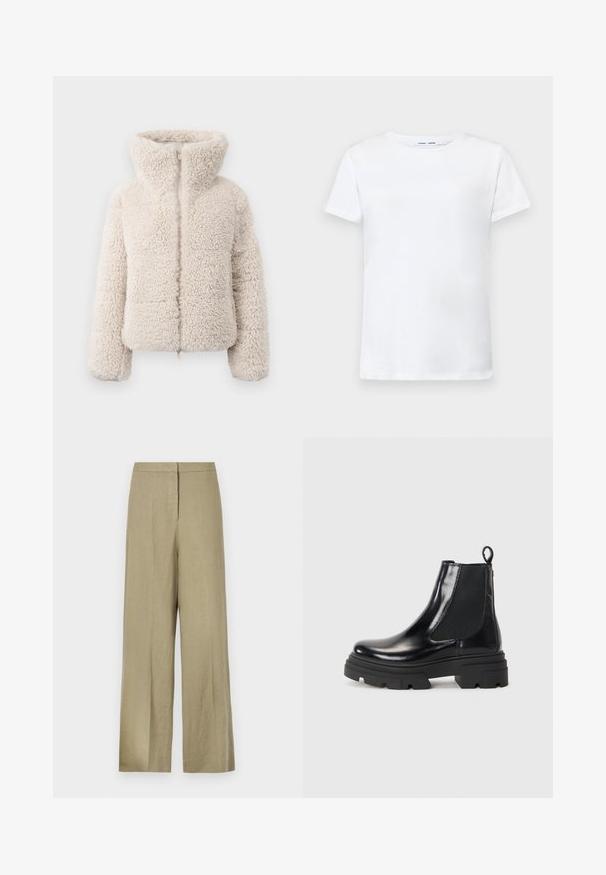 Krema barve umetne krzno jakna z visokim ovratnikom, zadrgo in teksturirano, puhasto površino. Ima dolge rokave in krajših silhueto.; Bela kratka majica s kratkimi rokavi iz bombaža z obliko okroglega izreza. Gladka struktura in raven kroj, brez vzorcev ali dodatkov.; Svetlo zelene hlače širokega kroja iz lanu. Imajo visok pas in čist prednji dizajn z enim pregibom.; Črne usnjene gležnjarje z elegantnim dizajnom, elastičnimi stranskimi paneli in debelim črnim podplatom. Imajo zanko na hrbtnem delu za enostavno obuvanje.