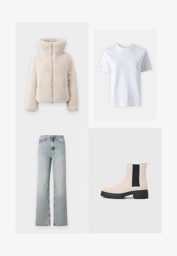 Tejfehér műszőrme dzseki magas gallérral, cipzáros záródással és texturált, bolyhos felülettel. Hosszú ujjakkal és rövidített silhuettel rendelkezik.; Fehér pamut póló kerek nyakkal, rövid ujjal, egyenes szabással és sima textúrával. Nincsenek minták vagy díszítések.; Magas derekú, világoskék farmernadrág, széles szárú szabással, öt zsebbel és diszkrét kopásnyomokkal az anyagon.; Beige velúr Chelsea csizma fekete elasztikus oldalsó panellel, tömzsi fekete talppal és fülekkel a bokánál.