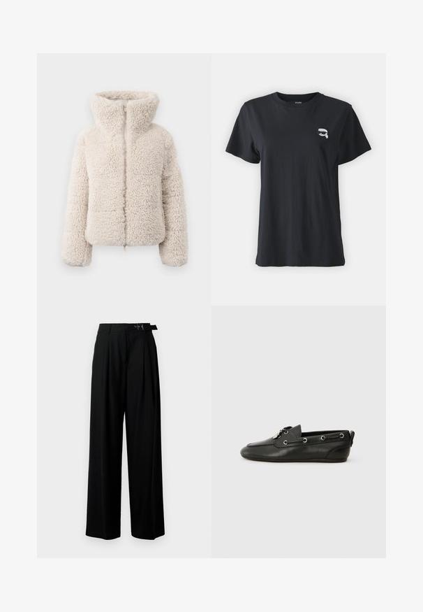 Cremefarbene Kunstpelzjacke mit hohem Kragen, Reißverschluss und strukturierter, flauschiger Oberfläche. Verfügt über lange Ärmel und eine cropped Silhouette.; Schwarzes Baumwoll-T-Shirt mit kurzen Ärmeln und rundem Halsausschnitt. Verfügt über ein kleines, weißes Grafikdesign auf der Brust. Glatte Textur, lässige Passform.; Schwarze weit geschnittene Hosen mit hoher Taille, Falten an der Vorderseite und einem Gürtel mit Schnalle. Hergestellt aus glattem, leichtem Stoff.; Schwarze Lederbootsschuhe mit runder Zehenpartie, Schnürung vorne, metallischen Ösen und flacher Sohle. Verfügt über eine kleine Lasche hinten.