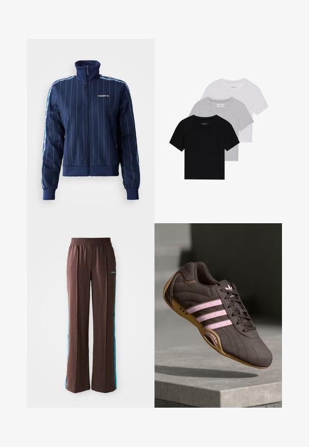 Marineblå zip-up jakke med vertikale pinstriper, høy krage, ribbede mansjetter og merket logo. Har blomstermønstrede detaljer på ermene.; Sett med tre kortermede t-skjorter i svart, grått og hvitt. Laget av bomull, med rund hals og en enkel, ensfarget design.; Brune sporty bukser med ribbet tekstur, elastisk talje og turkise side striber. Har adidas-logoet på forsiden.; Brune suede atletik sko med rosa striper og logo, med en teksturert overdel, snøring og såle i gummigummi.