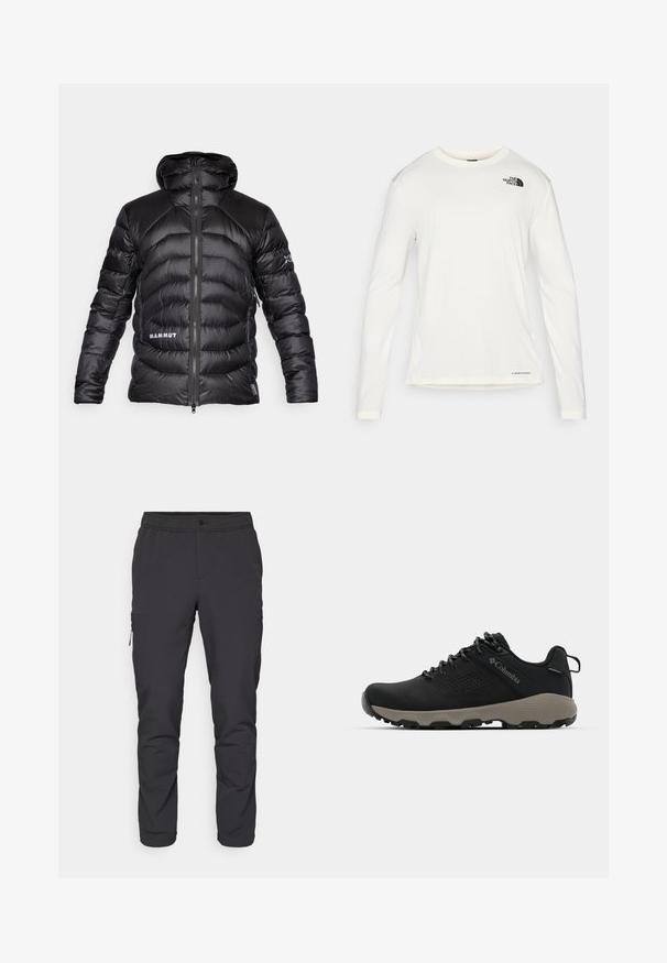 Black puffer jacket with a hood, featuring quilted sections and a front zipper. “MAMMUT” logo in white on the left side. Smooth texture.; White long-sleeve shirt with a round neck, textured fabric, black logo on the left shoulder, and subtle branding at the bottom.; Black, tapered pants with an elastic waistband, zippered side pocket, and smooth, lightweight fabric. Ideal for active wear.; Black hiking shoe with a smooth upper, perforated design, gray outsole, and reinforced heel. Features laces and a pull tab for easy wear.