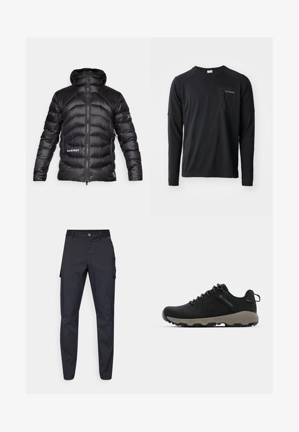 Černá péřová bunda s kapucí, s prošívanými částmi a předním zipem. Logo "MAMMUT" bílé barvy na levé straně. Hladká textura.; Columbia COLUMBIA TECH™ LONG SLEEVE CREW - Top s dlouhým rukávem - black; Námořnické cargo kalhoty z odolné látky, s knoflíkovým zapínáním, pěti kapsami a zúženými nohavicemi s jemnou texturou.; Černá turistická bota s hladkým svrškem, perforovaným designem, šedou podrážkou a zesíleným patou. Obsahuje tkaničky a poutko pro snadné obutí.