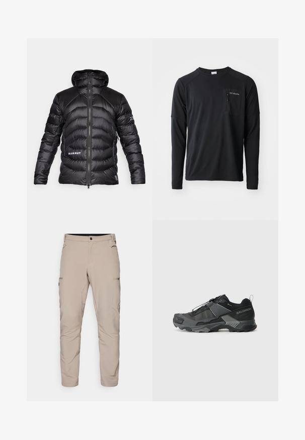 Black puffer jacket with a hood, featuring quilted sections and a front zipper. “MAMMUT” logo in white on the left side. Smooth texture.; Columbia COLUMBIA TECH™ LONG SLEEVE CREW - Long sleeved top - black; Beige outdoor pants made of lightweight fabric, featuring two side pockets and a zippered cargo pocket, with a tailored fit and smooth texture.; Black trail running shoe with a durable mesh upper, reinforced toe cap, textured rubber sole, and elastic lacing system for secure fit.