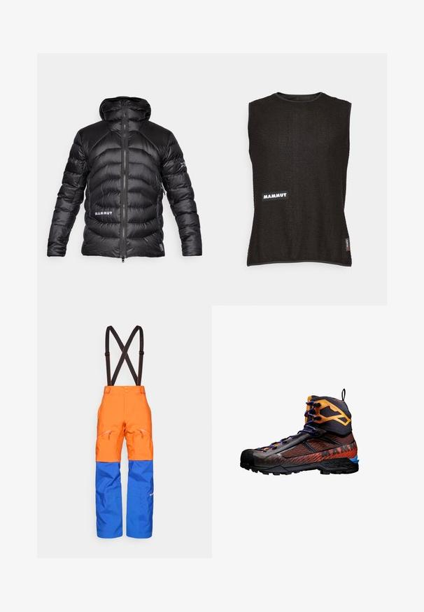 Zwarte pufferjack met capuchon, met geborduurde secties en een rits aan de voorkant. "MAMMUT" logo in het wit aan de linkerkant. Gladde textuur.; Mouwloze zwarte top van textiel met een gestructureerd materiaal, voorzien van een witte "Mammut"-logo en een klein rood accentlabel aan de zijkant, met een ronde halslijn.; Oranje en blauwe waterdichte broeken met zwarte verstelbare bretels, voorzakken met rits en verstevigde knieën voor buitenactiviteiten.; Zwarte en oranje wandelboot van mesh en rubber materialen. Beschikt over blauwe accenten, textuurpatronen en een hoge enkelontwerp voor ondersteuning.