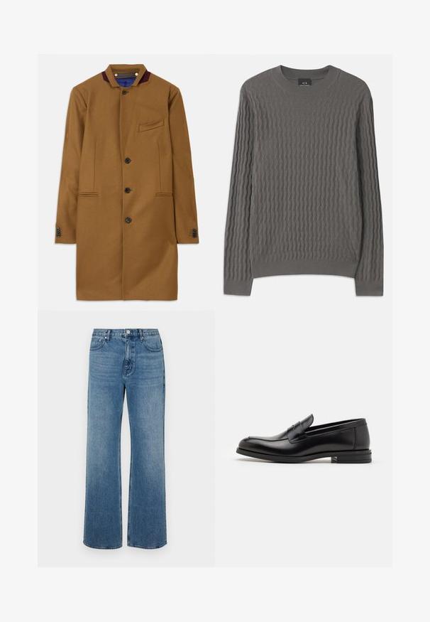 Hnědý vlněný kabát s rovnými liniemi, dvěma předními kapsami, pěti černými knoflíky a akcentem v barvě burgundské na límci. Má texturovanou tkaninu.; Armani Exchange Svetr - dark gull zig zag; Široké modré džíny vyrobené z denimu s vybledlým povrchem. Mají pět kapes, přední zapínání na knoflík a rovný střih.; Černé kožené polobotky s hladkou texturou, zaoblenou špičkou a zdobným páskem přes nárt. Nízký stohovaný podpatek, minimalistický design.
