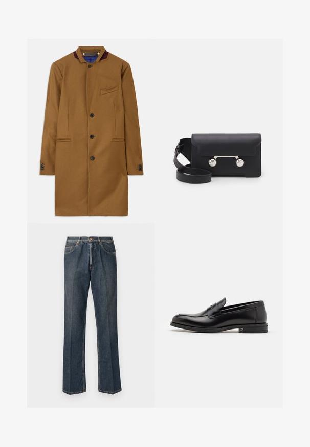 Hnedý vlnený kabát s rovnými líniami, dvoma prednými vreckami, piatimi čiernymi gombíkmi a bordovým akcentom na golieri. Obsahuje textúrovanú látku.; Krémový pletený sveter s polokošaľovým golierom, rebrovanými manžetami a spodným lemom, s prednými gombíkmi a jemnou textúrou.; Námornícky modré tričko s krátkym rukávom, biely nápis "ani vo sne" umiestnený na strede hrude, okrúhly výstrih, stredná veľkosť.; Tmavomodré rovné džínsy s predným gombíkom, zipsom, dvojitými prednými vreckami a viditeľnými vertikálnymi pukmi pozdĺž nohavíc.; Čierne kožené mokasíny s hladkou textúrou, zaoblenou špičkou a dekoračným pásikom cez priehlavok. Nízky vrstvený opätok, minimalistický dizajn.; Čierna kožená crossbody taška s klopovým uzáverom, strieborné nity a dve okrúhle ozdoby. Obsahuje odnímateľný popruh. Hladký povrch.