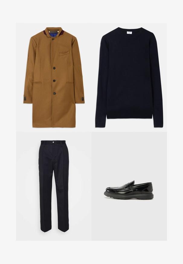 Brun ullrock med rak skärning, två framfickor, fem svarta knappar och en vinröd krage som accent. Har en texturerad tyg.; Mörkblå crew-neck tröja i mjukt material, med långa ärmar och ribbad detalj vid kragen och fållen. Ren, minimalistisk design.; Svarta skräddarsydda byxor med rak benform, tillverkade av mjukt material, med en knappstängning framtill och två sidofickor.; Svart läderloaferskor med en glänsande yta, rund tå, diskreta söm detaljer och en tjock gummisula för hållbarhet.