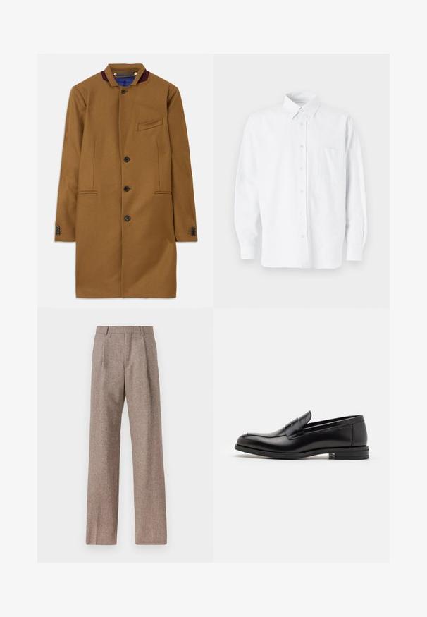 Pruun villane mantel otsekohase lõikega, kahe esi-taskuga, viie musta nööbiga ja burgundia värvi kraeaktsendiga. Omab tekstuurset kangast.; Valge nööpidega särk kraega, millel on peened vertikaalsed triibud, pikad varrukad, rinnatasku ja klassikaline ümar serv.; Prunnid, kõrge vöökohaga püksid, mis on valmistatud tekstureeritud kangast. Omavad laiu jalgu ja kahte eesmist voldikut struktuuri jaoks. Korralik viimistlus, ilma nähtava riistvarata.; Mustad mustad nahast loafers sileda tekstuuriga, ümarat ninaosa ja dekoratiivne riba vampi üle. Madal kihiline konts, minimalistlik disain.